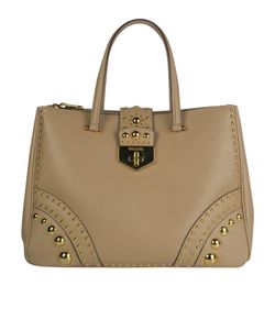 Turn Lock Studded Double Zip Tote, Saffiano Leather, Beige, 117, 2*